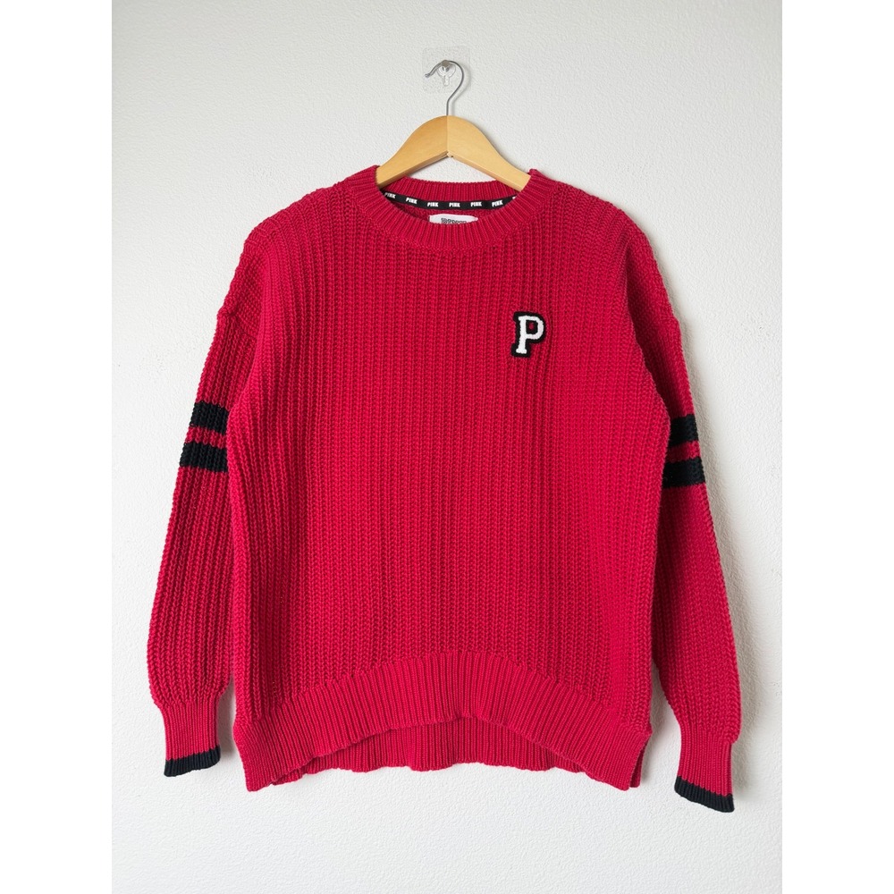 Victorias Secret Pink Womens Cotton Fisherman Sweater XS Red Varsity Oversized